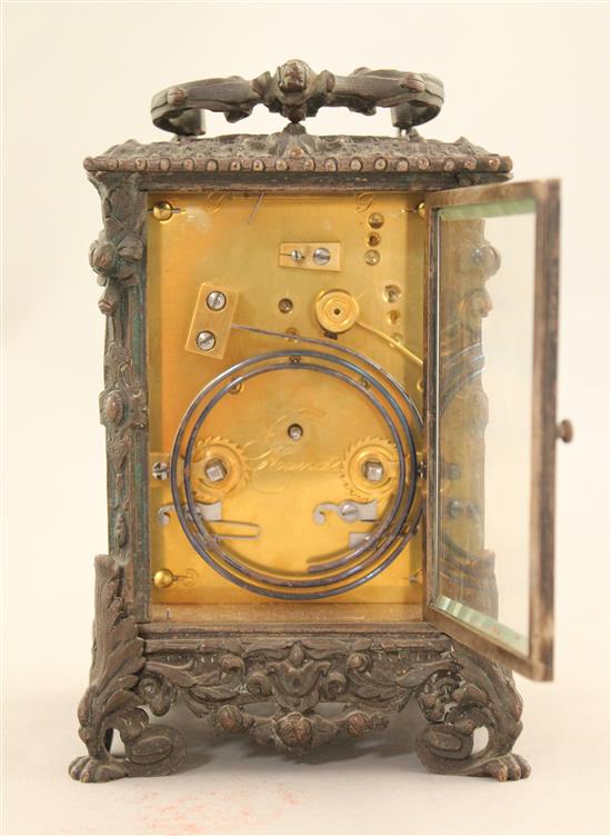 A late 19th century bronze carriage clock, 6in.